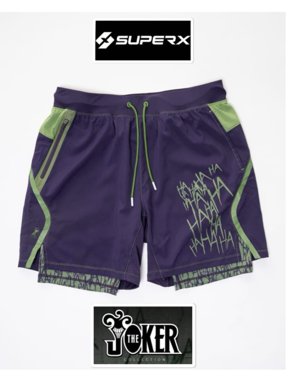 DC Comics Joker SuperX Performance Shorts Lined Purple Green XL NWT Gym